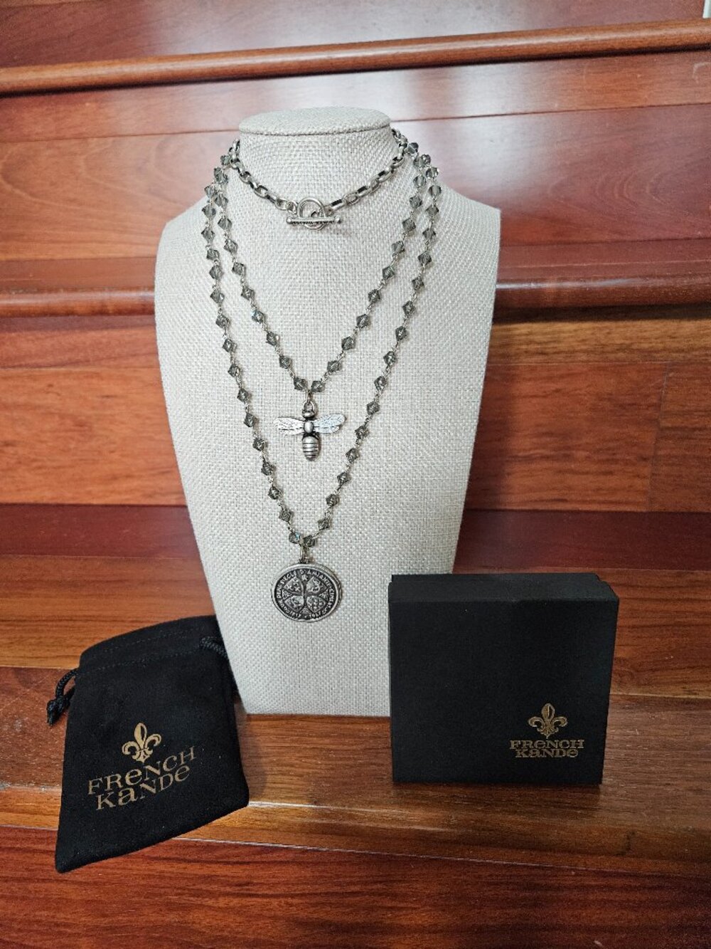 French Kande 2 Pendant Necklace Silver Tone with Toggle Clasp